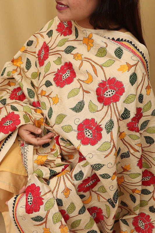 Pastel Hand Embroidered Kantha Pure Tussar Silk Dupatta - Luxurion World