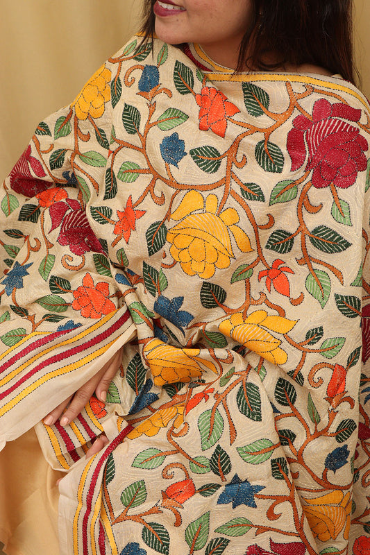 Pastel Kantha Tussar Silk Dupatta: Hand Embroidered