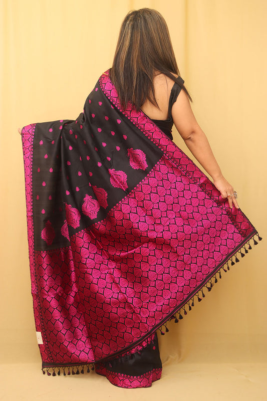 Black Handloom Assami Pat Silk Saree - Luxurion World