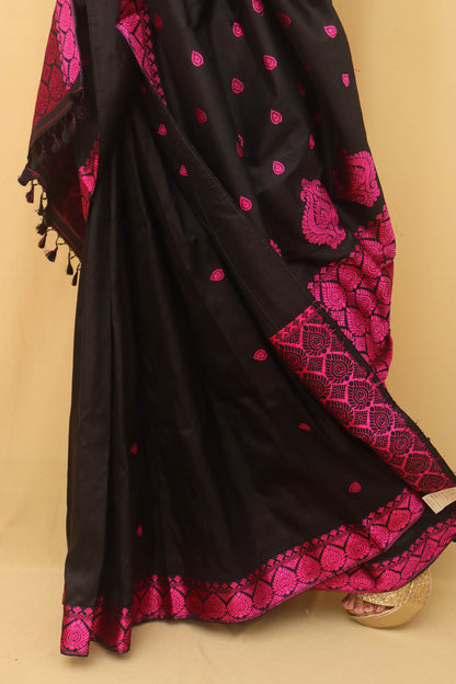 Black Handloom Assami Pat Silk Saree - Luxurion World