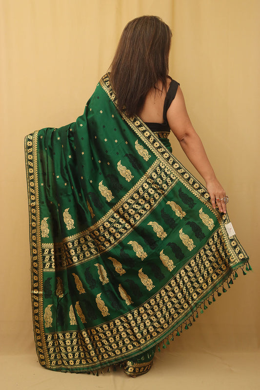 Green Handloom Assami Pat Silk Saree - Luxurion World
