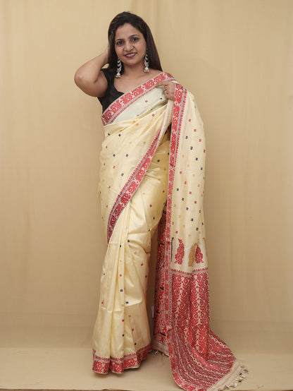 Cream Handloom Assami Pat Silk Saree - Luxurion World