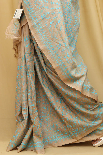 Pastel Kantha Hand Embroidered Gachi Tussar Silk Saree - Luxurion World
