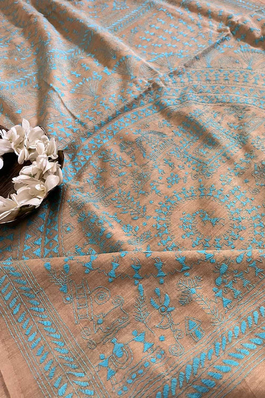 Pastel Kantha Hand Embroidered Gachi Tussar Silk Saree