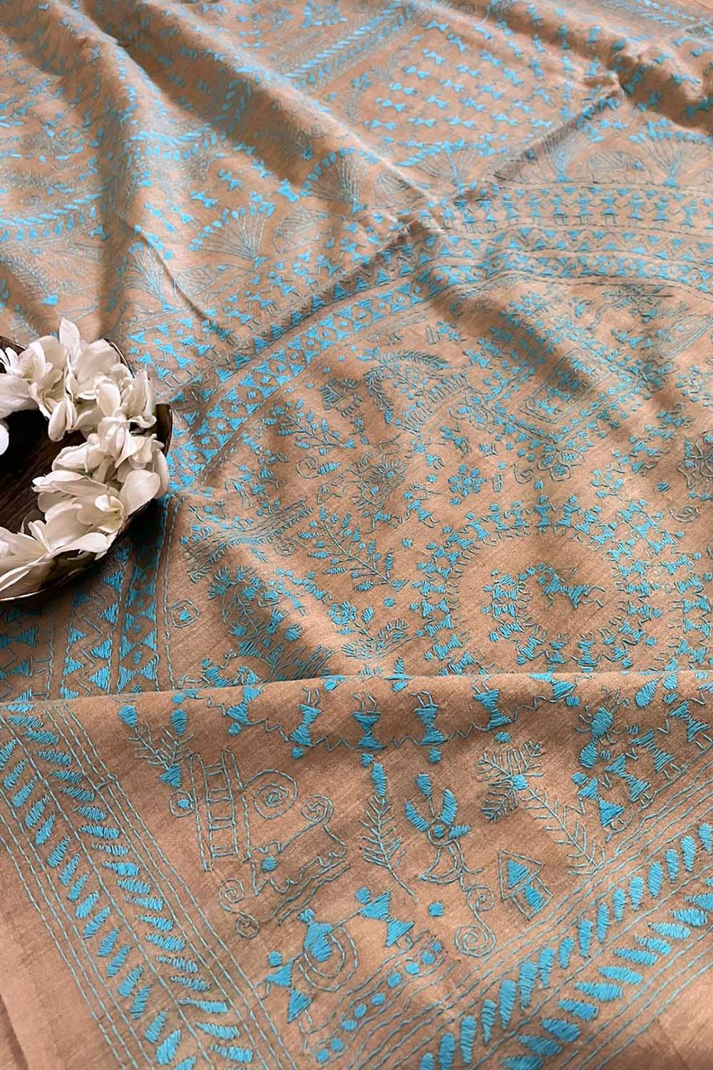 Pastel Kantha Hand Embroidered Gachi Tussar Silk Saree - Luxurion World