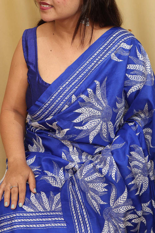 Blue Kantha Hand Embroidered Bangalore Silk Saree
