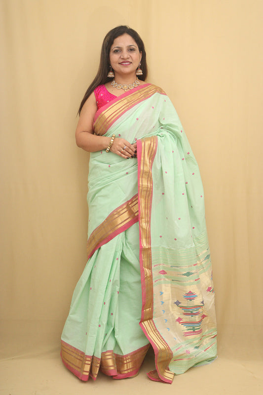 Pista Green Paithani Handloom Pure Cotton Saree - Luxurion World