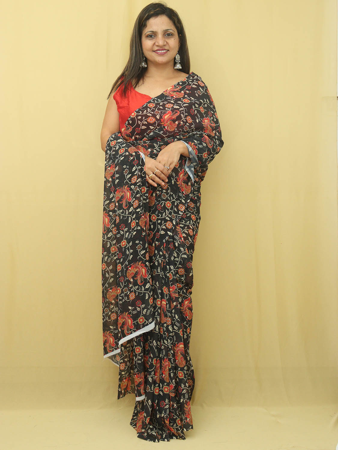 Black Digital Printed Georgette Floral Design Saree - Luxurion World