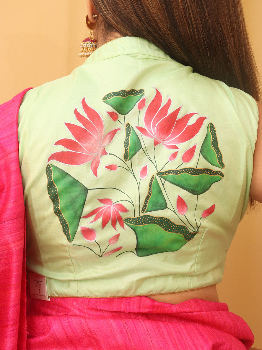 Green Hand Painted Pure Silk V Neck Non Padded Stitched Blouse - Luxurion World