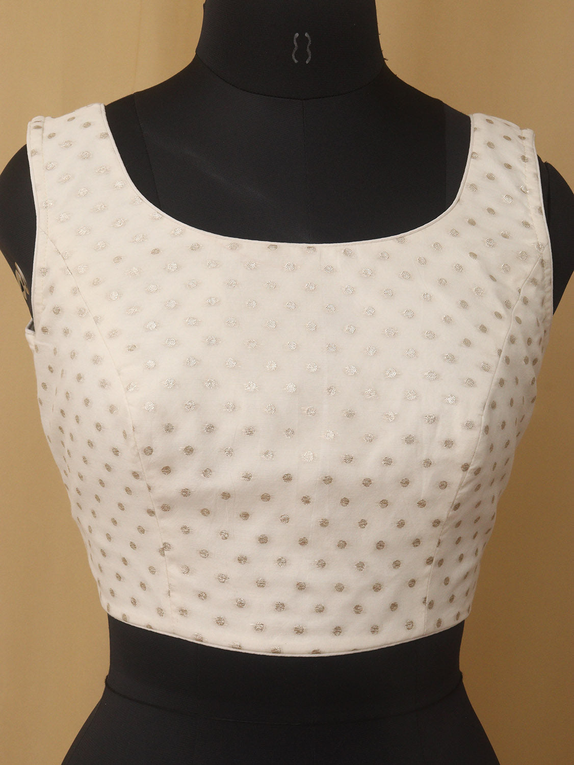 Dyeable Banarasi Polka Dot Chanderi Silk U Neck Sleeveless Non Padded Stitched Blouse with Back Knot - Luxurion World