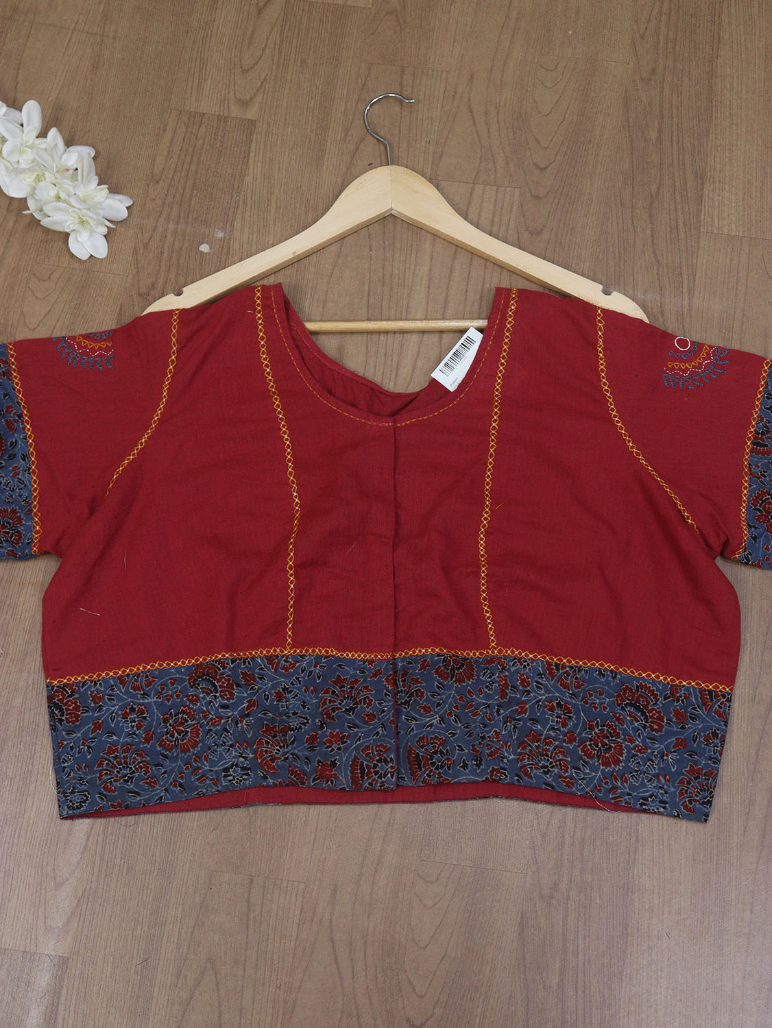 Red and Blue Ajrakh Block Printed Cotton Blouse - Stitched for Comfort - Luxurion World