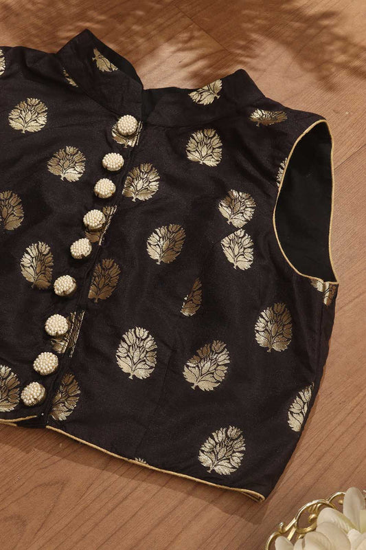 Black Banarasi Silk High Neck Fancy Button Non Padded Blouse - Luxurion World