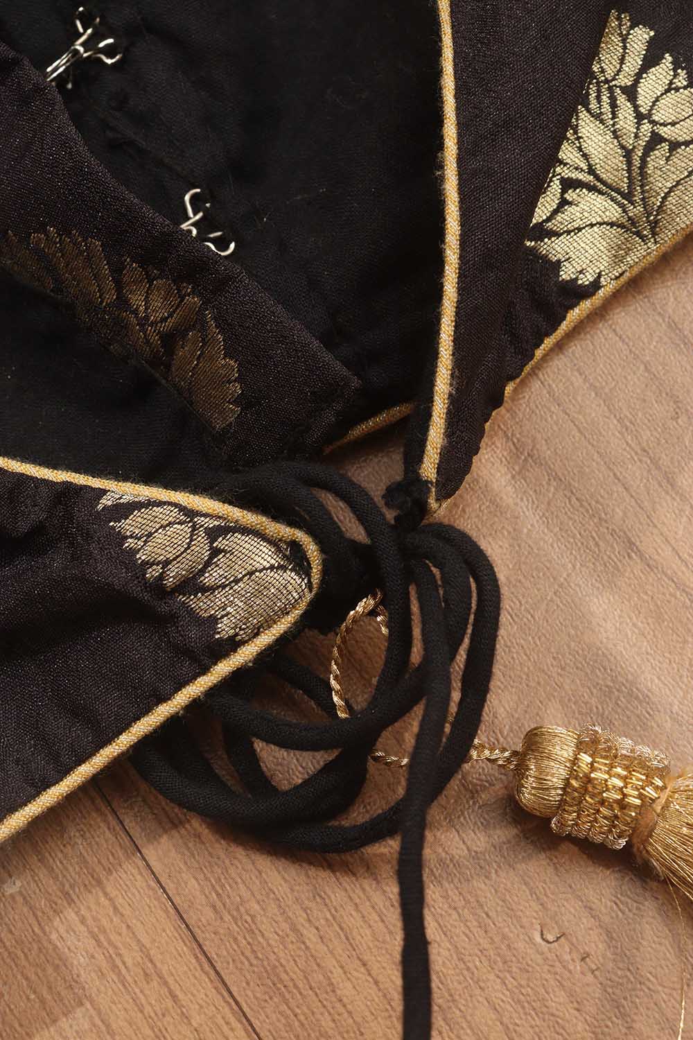 Black Banarasi Silk High Neck Fancy Button Non Padded Blouse - Luxurion World