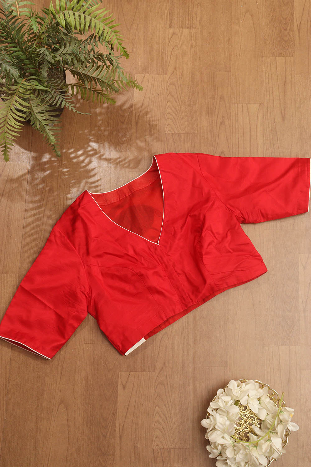 Red Hand Painted Pure Silk V Neck Non Padded Stitched Blouse - Luxurion World
