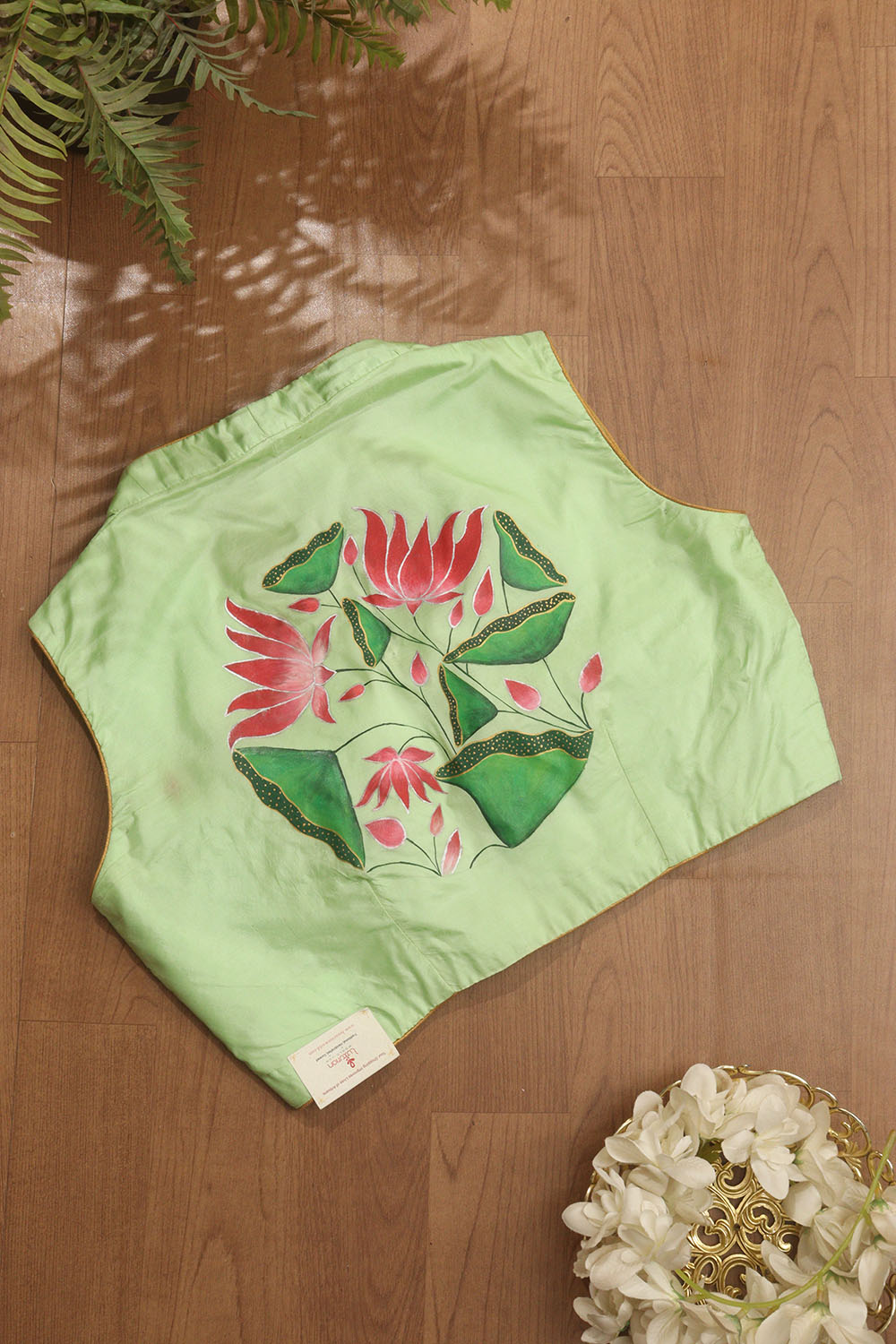 Green Hand Painted Pure Silk V Neck Non Padded Stitched Blouse - Luxurion World