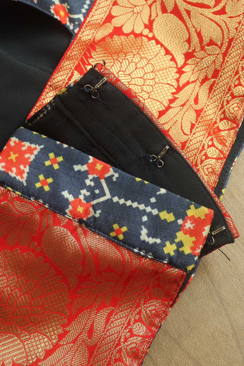 Blue Digital Printed Patola Design Tussar Silk High Neck Blouse With Banarasi Silk Lace - Luxurion World