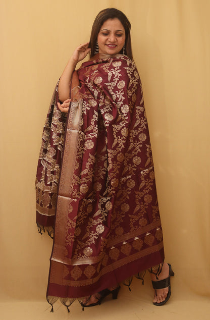 Maroon Banarasi Silk Dupatta - Luxurion World