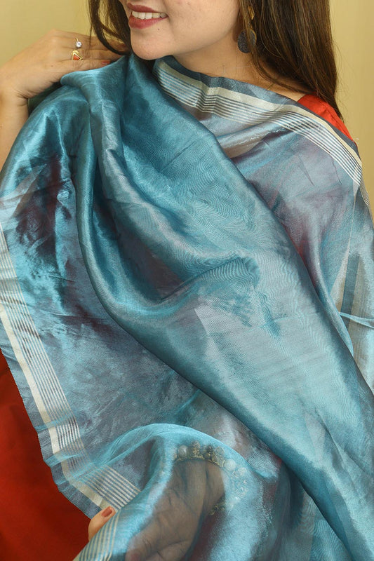 Blue Banarasi Plain Tissue Dupatta