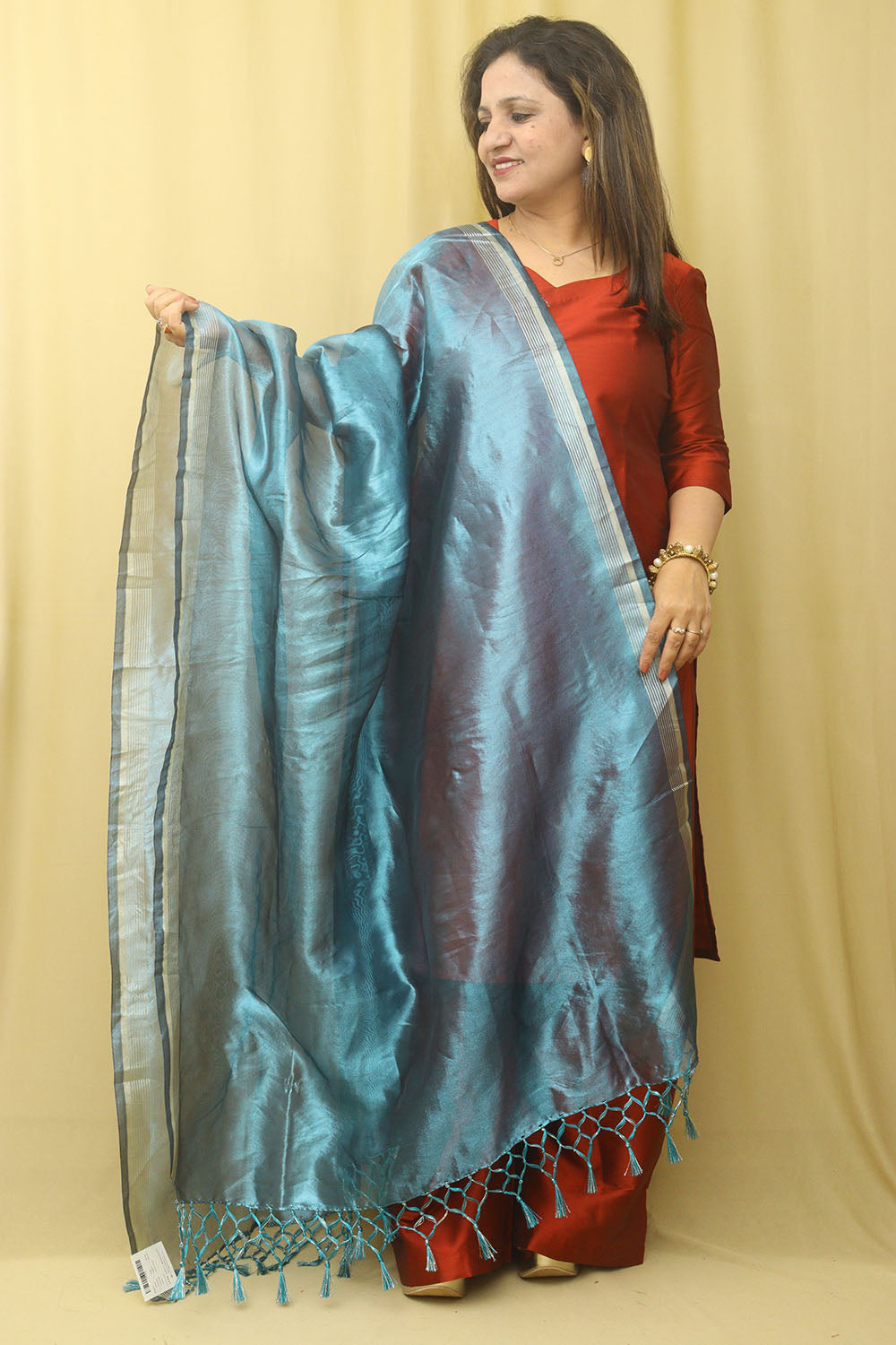 Blue Banarasi Plain Tissue Dupatta - Luxurion World