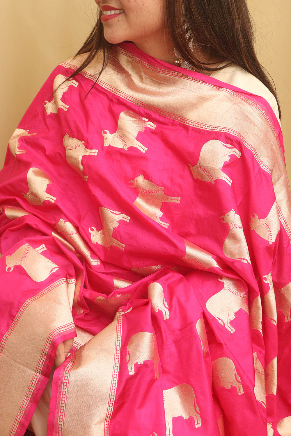 Stunning Pink Banarasi Silk Cow Design Dupatta - Luxurion World