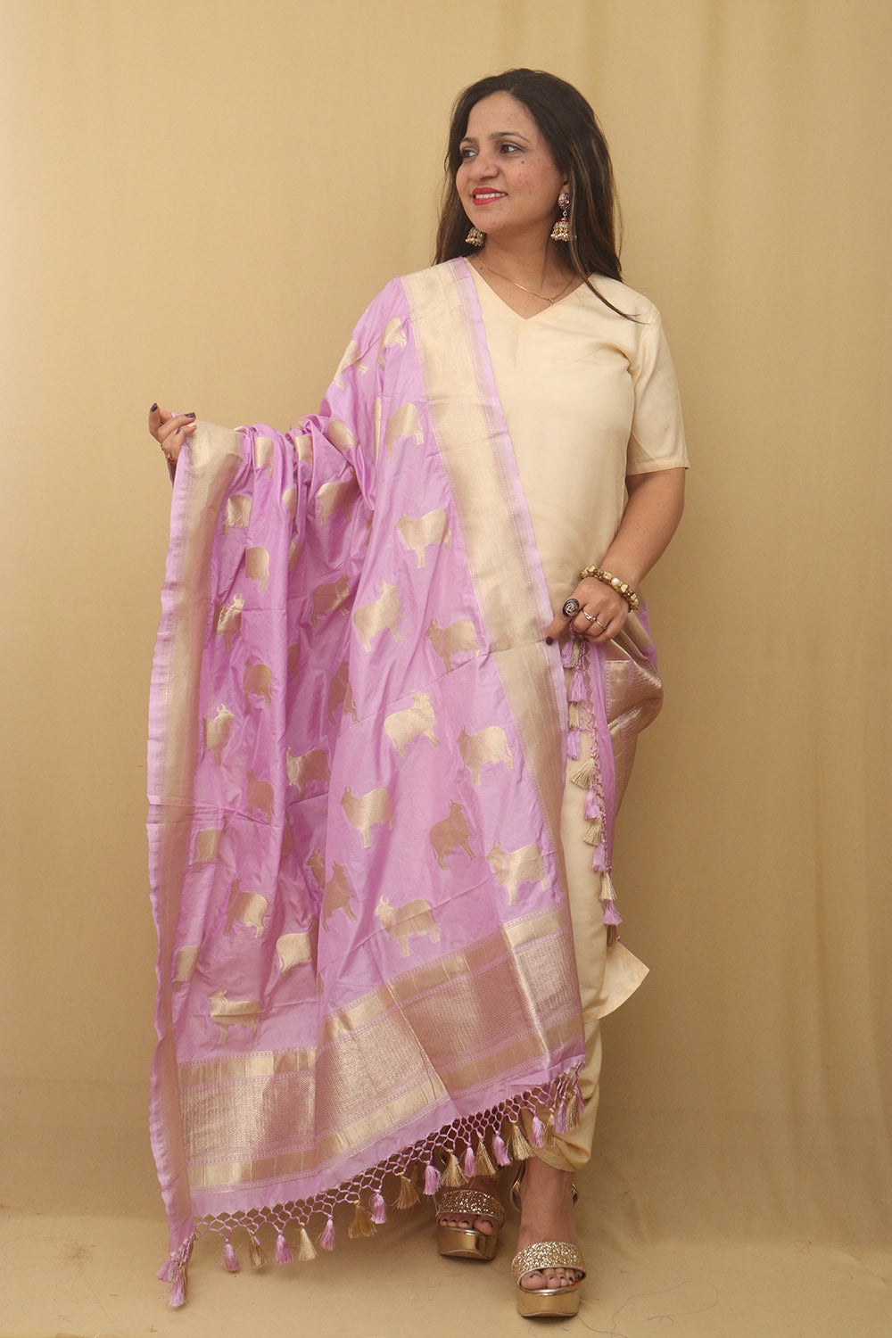 Purple Banarasi Silk Cow Design Dupatta - Luxurion World