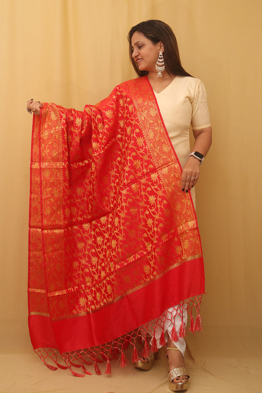 Red Banarasi Silk Dupatta - Luxurion World