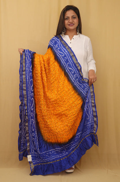 Stylish Blue and Yellow Checks Bandhani Silk Dupatta for Ethnic Look - Luxurion World