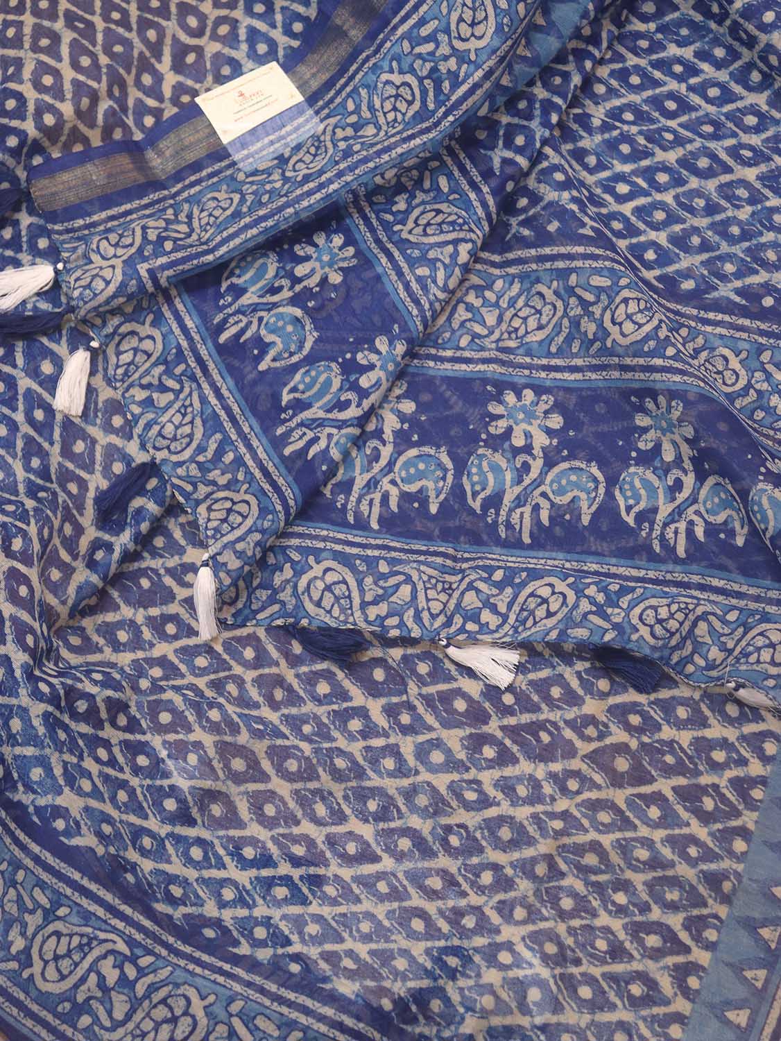 Blue Block Printed Chanderi Silk Dupatta - Luxurion World