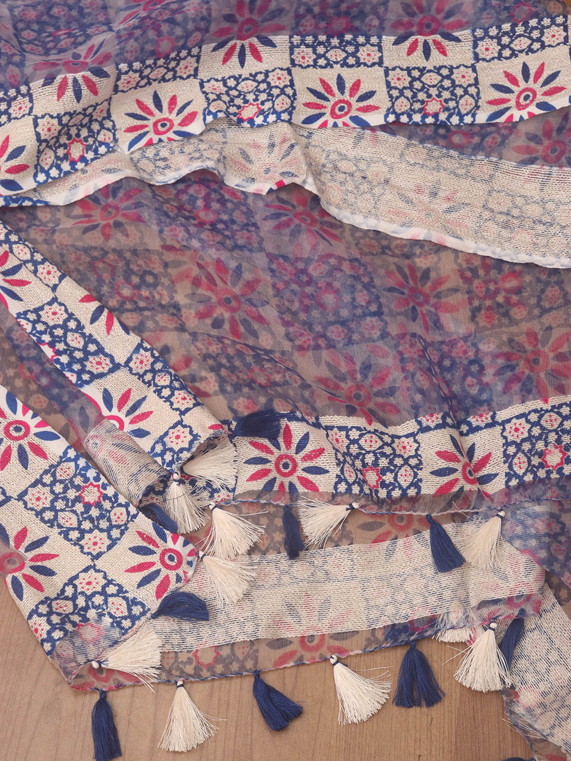 White And Blue Block Printed Organza Handwoven Border Dupatta - Luxurion World