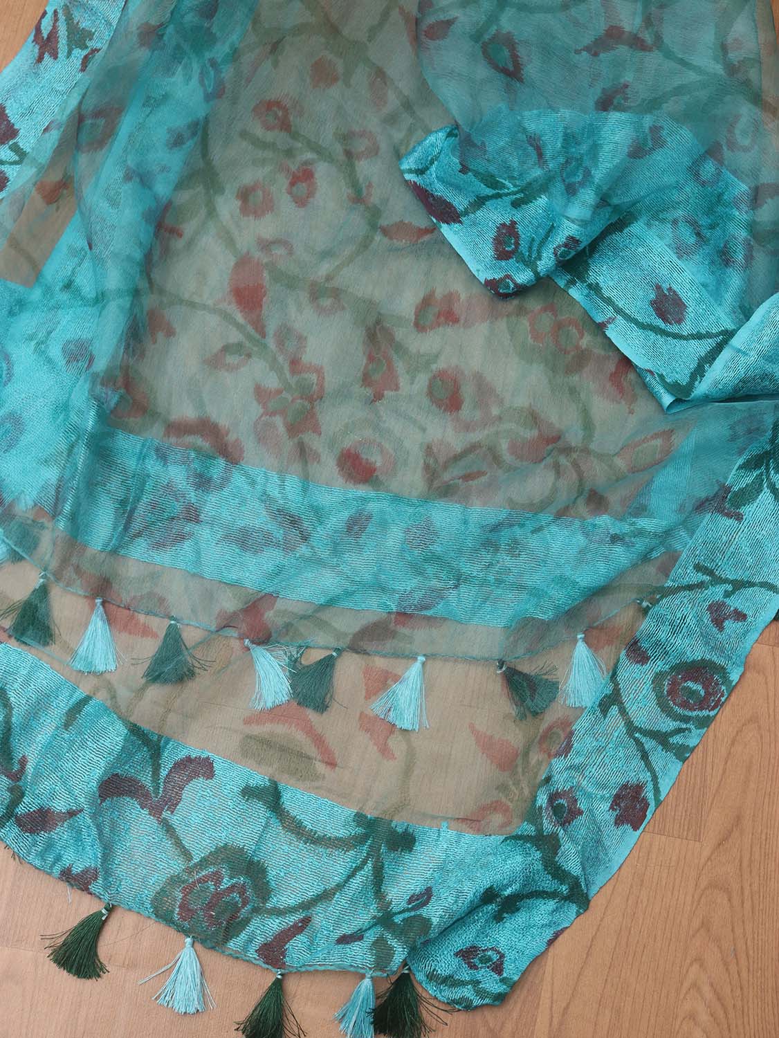 Blue Block Printed Organza Handwoven Border Dupatta - Luxurion World