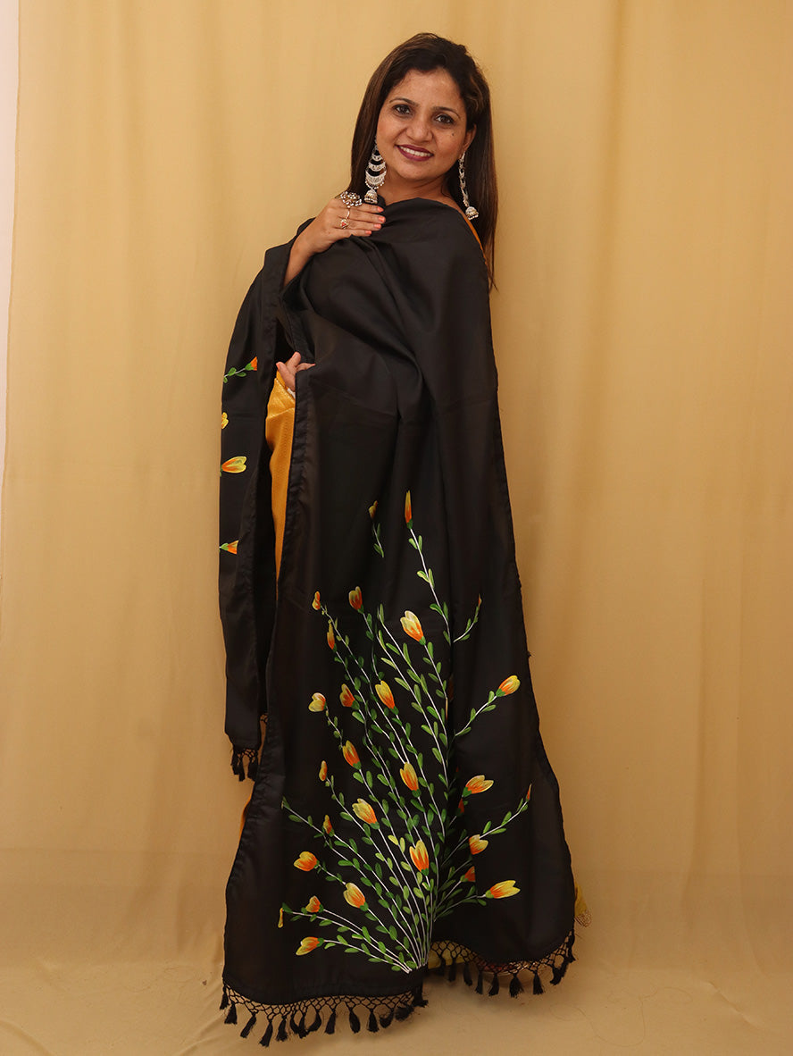 Black Hand Painted Recycled Fabric Dupatta - Luxurion World