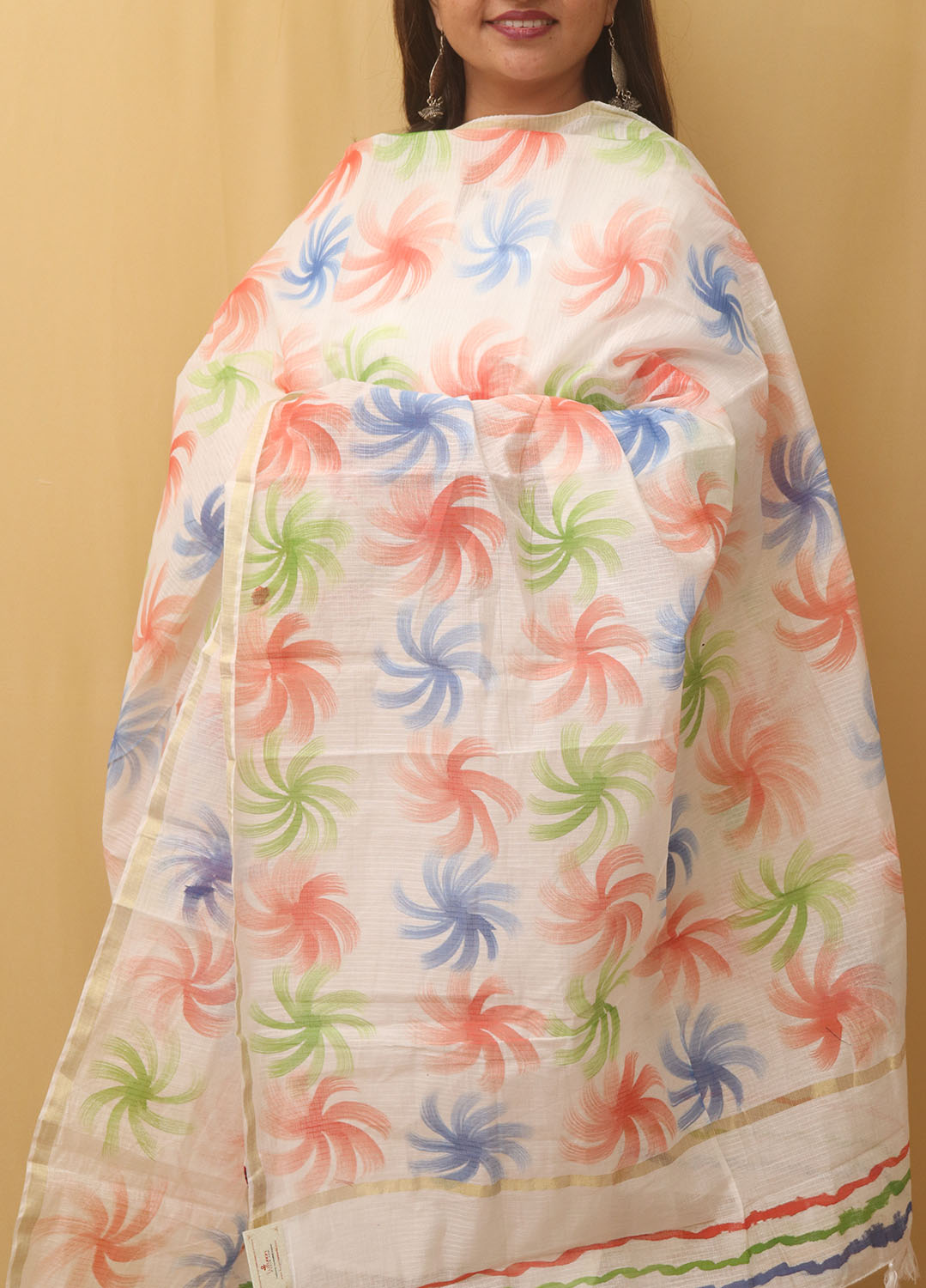 White Hand Painted Kota Dupatta - Luxurion World
