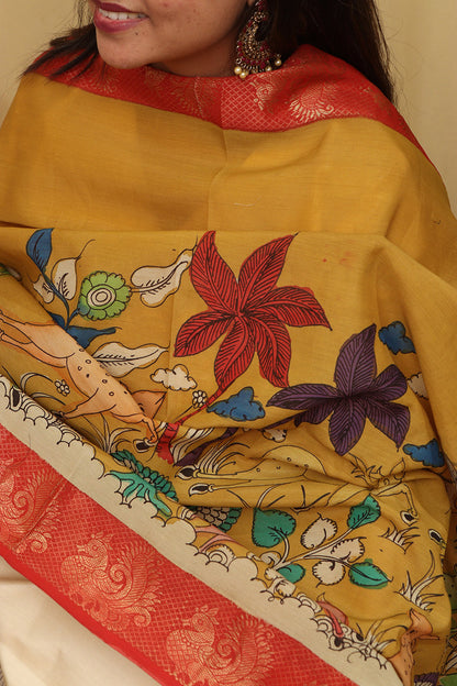 Yellow Kalamkari Hand Painted Mangalagiri Silk Dupatta - Luxurion World