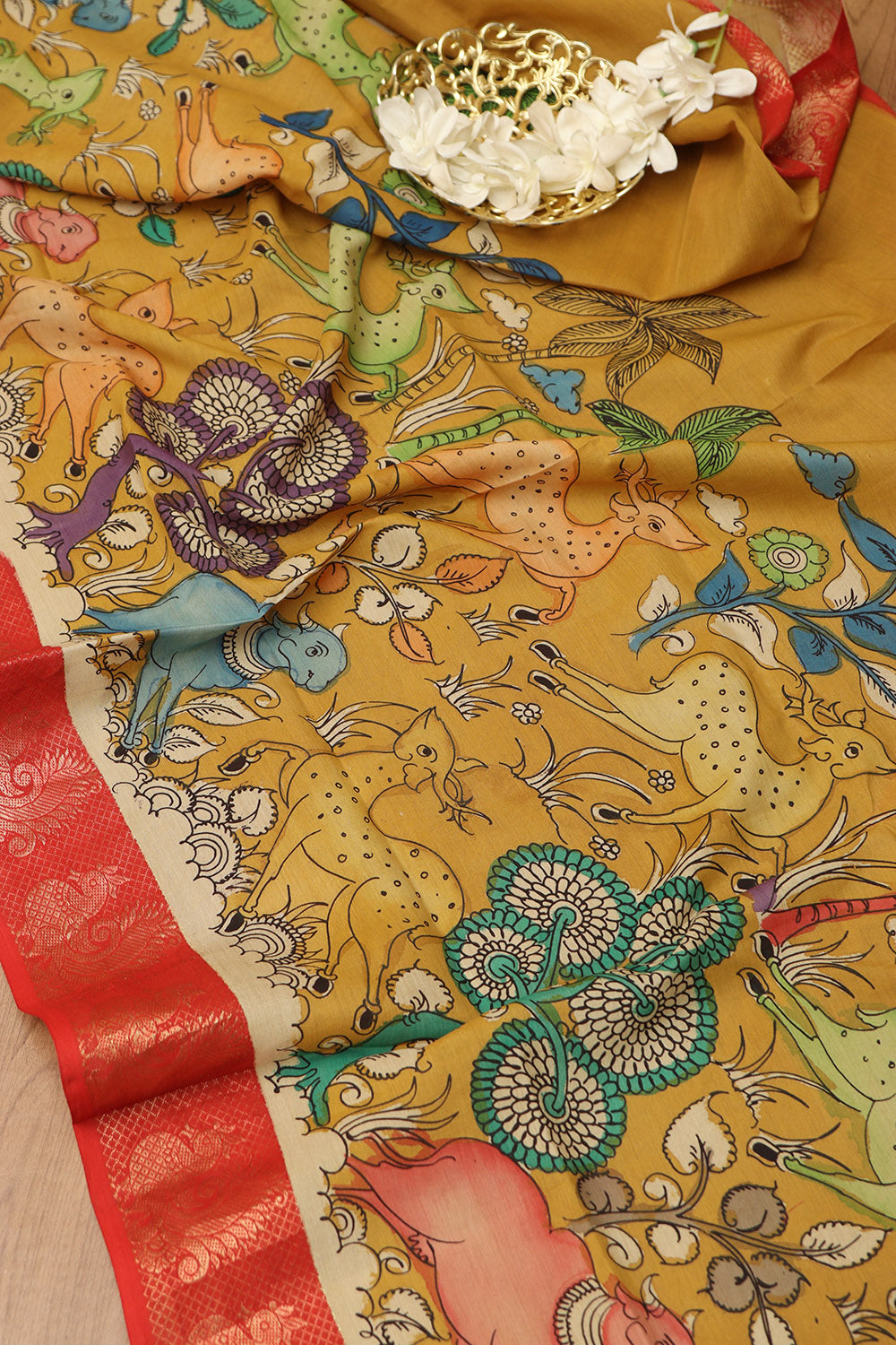 Yellow Kalamkari Hand Painted Mangalagiri Silk Dupatta - Luxurion World