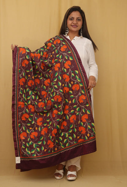 Exquisite Purple Kantha Silk Dupatta with Hand Embroidery - Luxurion World