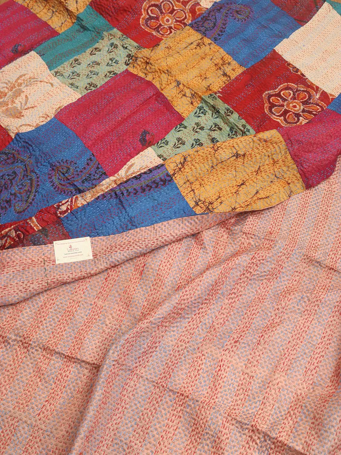 Multicolor Hand Embroidered Kantha Pure Silk Reversible Dupatta - Luxurion World