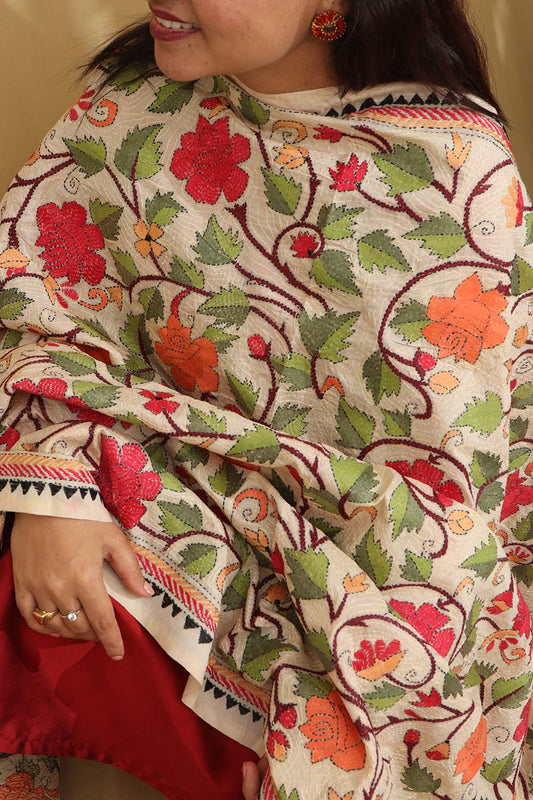 Vibrant Multicolor Kantha Embroidered Silk Dupatta