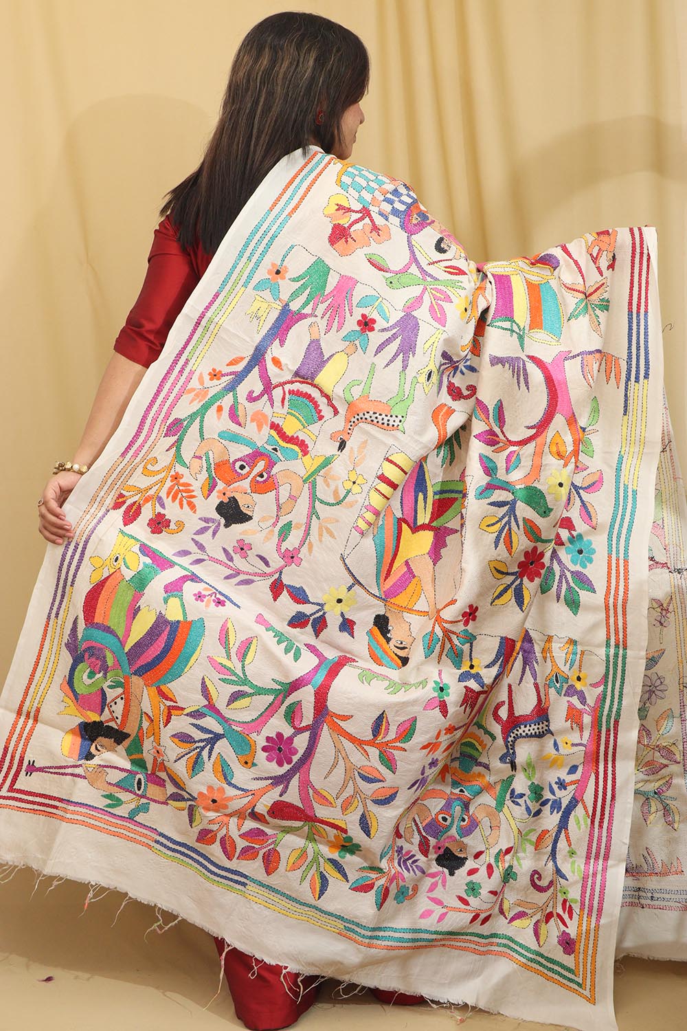 Vibrant Multicolor Hand Embroidered Kantha Tussar Silk Dupatta - Luxurion World