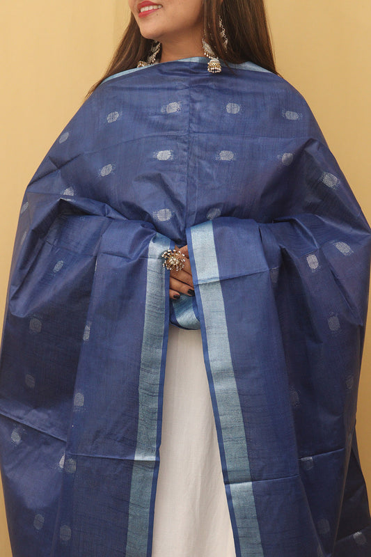 Blue Bhagalpur Handloom Linen Cotton Dupatta - Luxurion World
