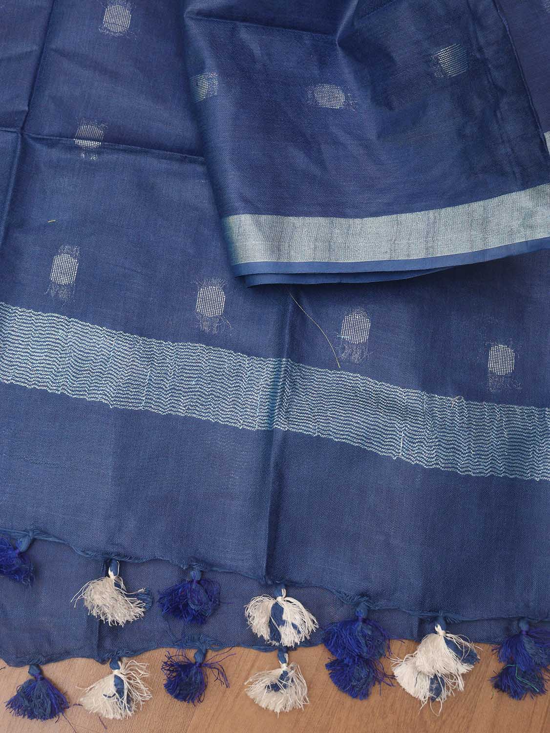 Blue Bhagalpur Handloom Linen Cotton Dupatta - Luxurion World