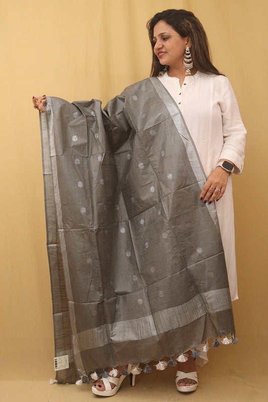 Grey Bhagalpur Handloom Linen Cotton Dupatta - Luxurion World