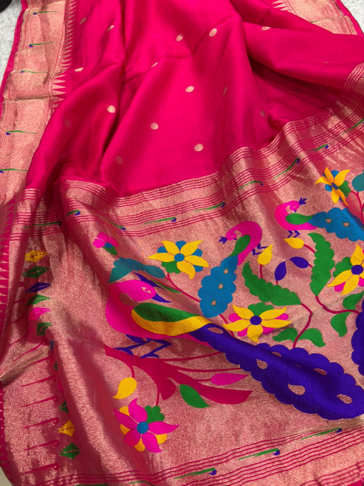 Pink Paithani Silk Flower & Peacock Design Dupatta - Luxurion World
