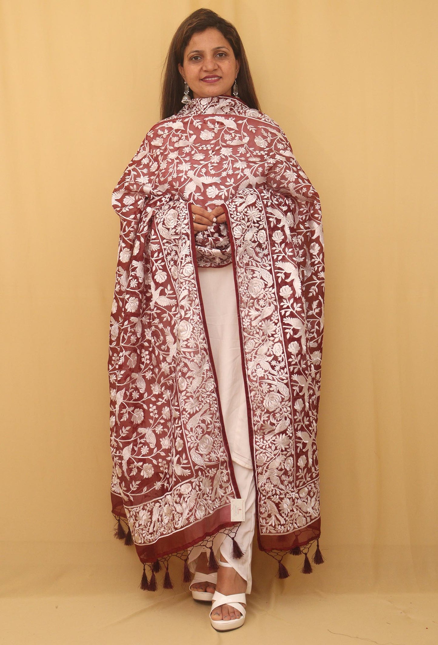 Stunning Brown Embroidered Parsi Organza Silk Dupatta - Versatile & Elegant! - Luxurion World