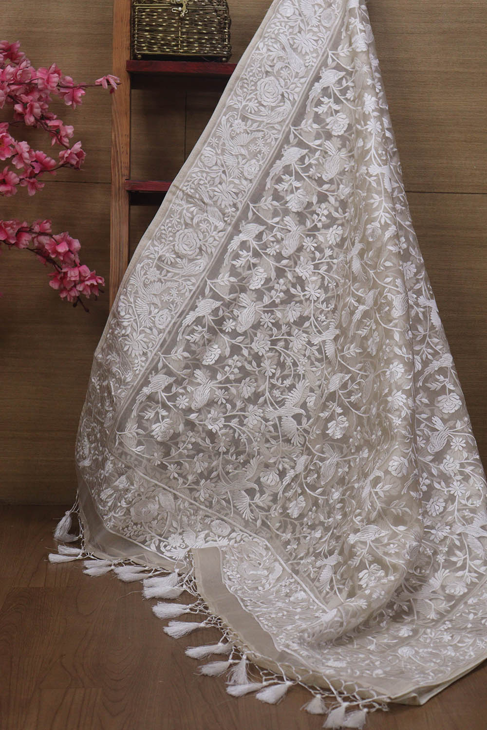Stunning Embroidered Parsi Organza Silk Dupatta - Perfect for Any Occasion! - Luxurion World