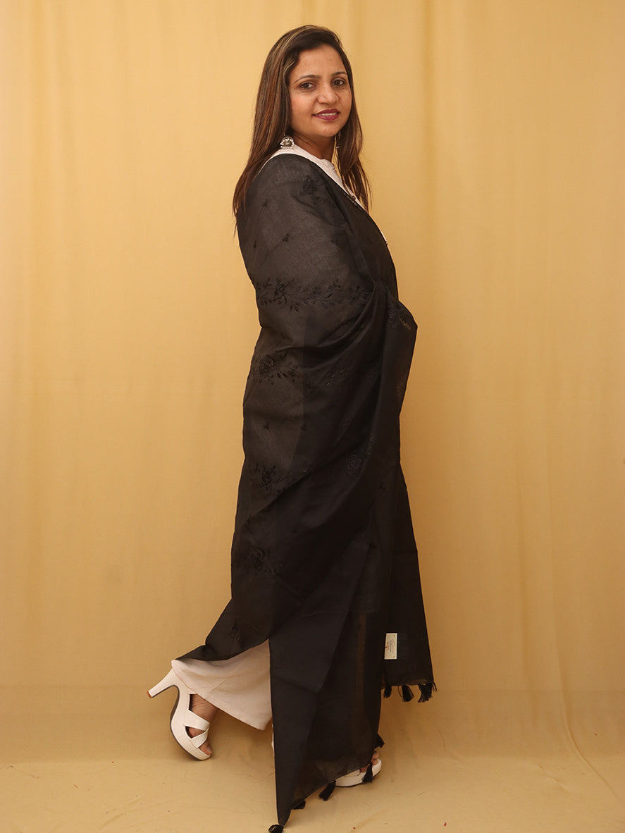 Black Embroidered Trendy Cotton Silk Dupatta - Luxurion World