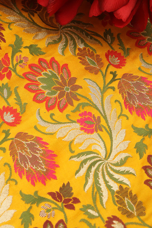 Yellow Banarasi Kimkhwab Silk Meenakari Fabric ( 1 Mtr ) - Luxurion World