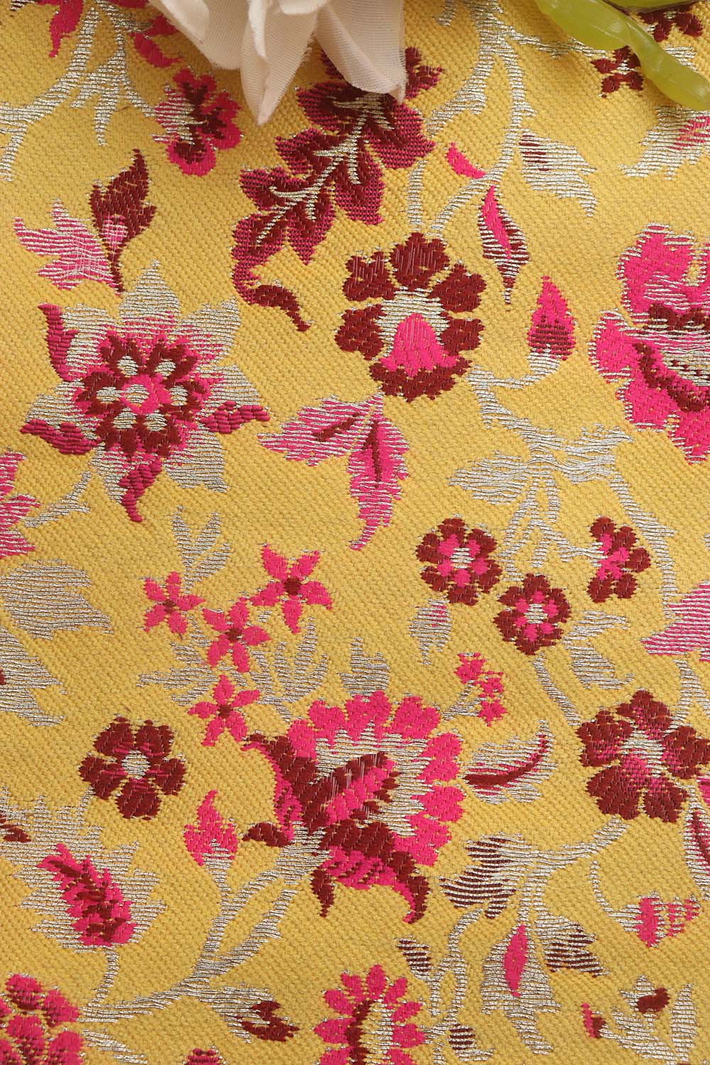 Yellow Banarasi Silk Meenakari Floral Design Fabric ( 1 Mtr ) - Luxurion World