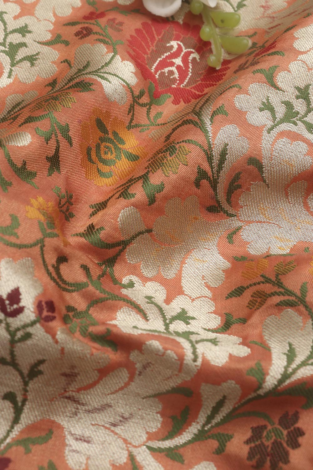Orange Banarasi Kimkhwab Silk Meenakari Fabric ( 1 Mtr ) - Luxurion World