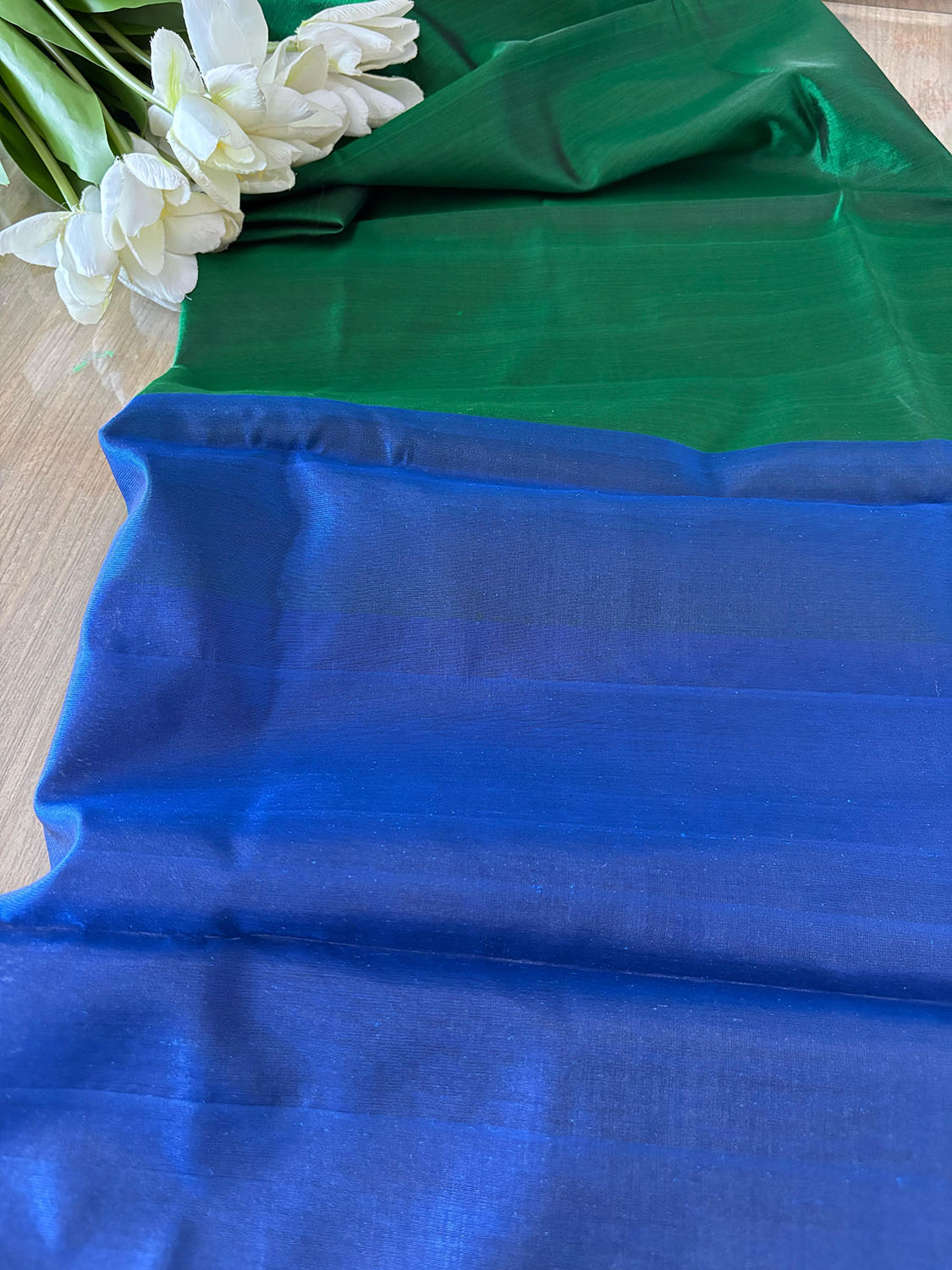 Blue And Green Pure Chanderi Silk Handloom Kurti Fabric - Luxurion World