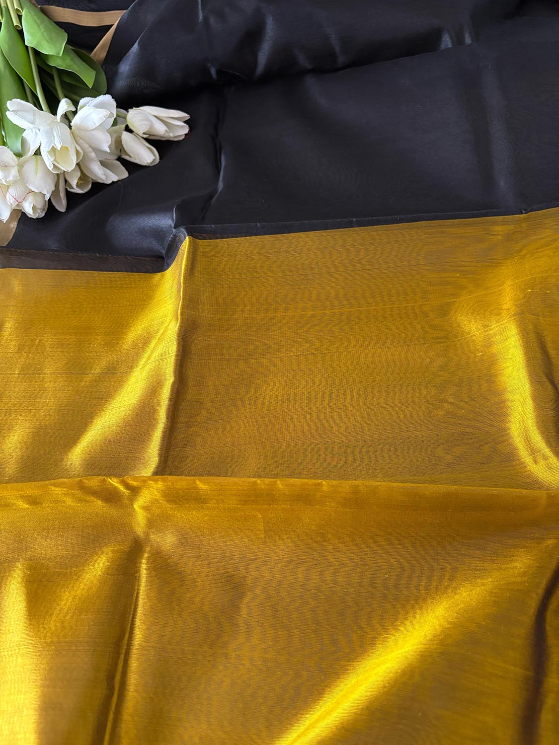Black And Golden Pure Chanderi Silk Handloom Kurti Fabric - Luxurion World